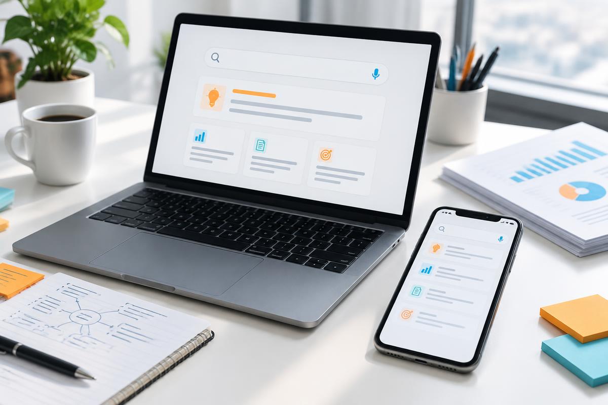 Illustrative laptop and phone showing search answer cards beside organized business notes