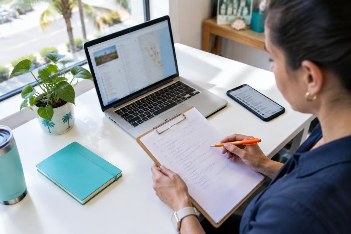 Illustrative business owner reviewing profile details with a laptop, phone, and checklist