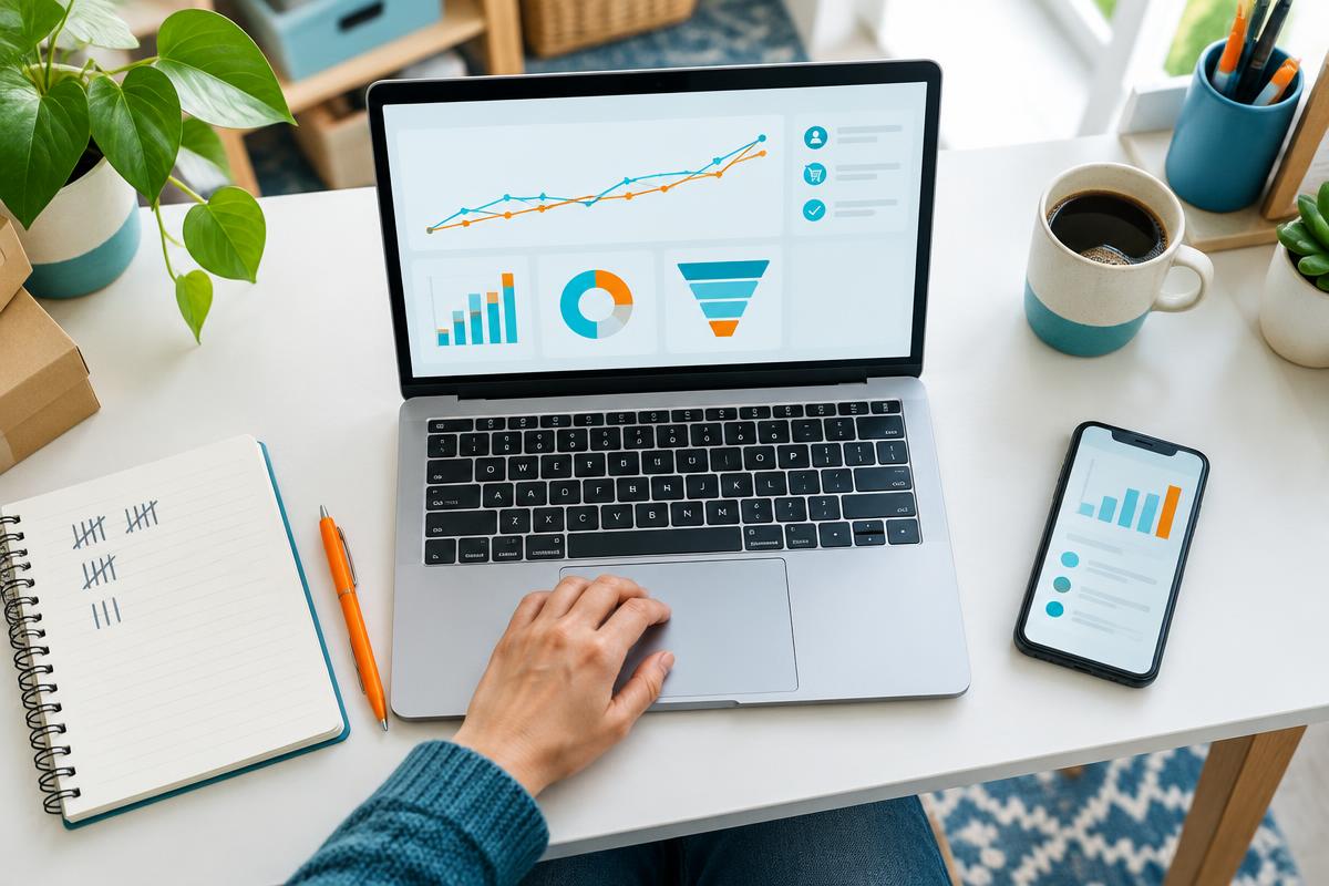 Illustrative business workspace with campaign charts, a phone, and an inquiry tally