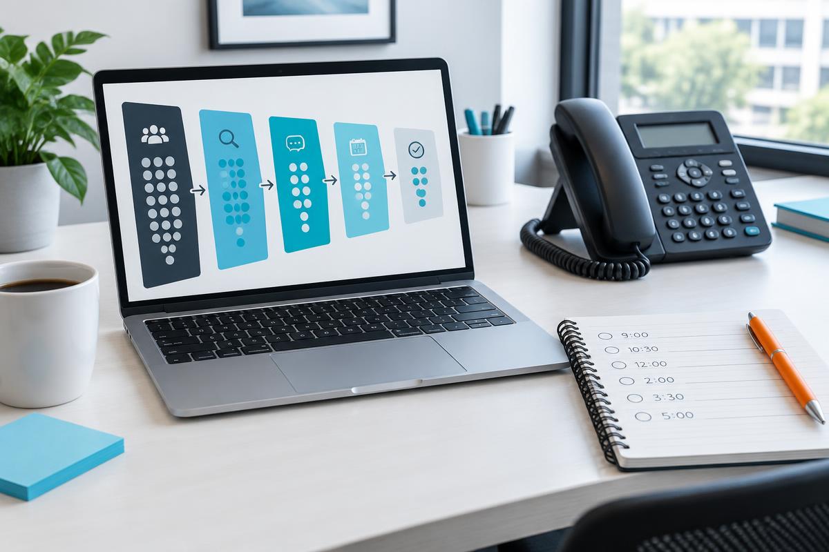 Illustrative business desk with a lead pipeline, office phone, and appointment notebook