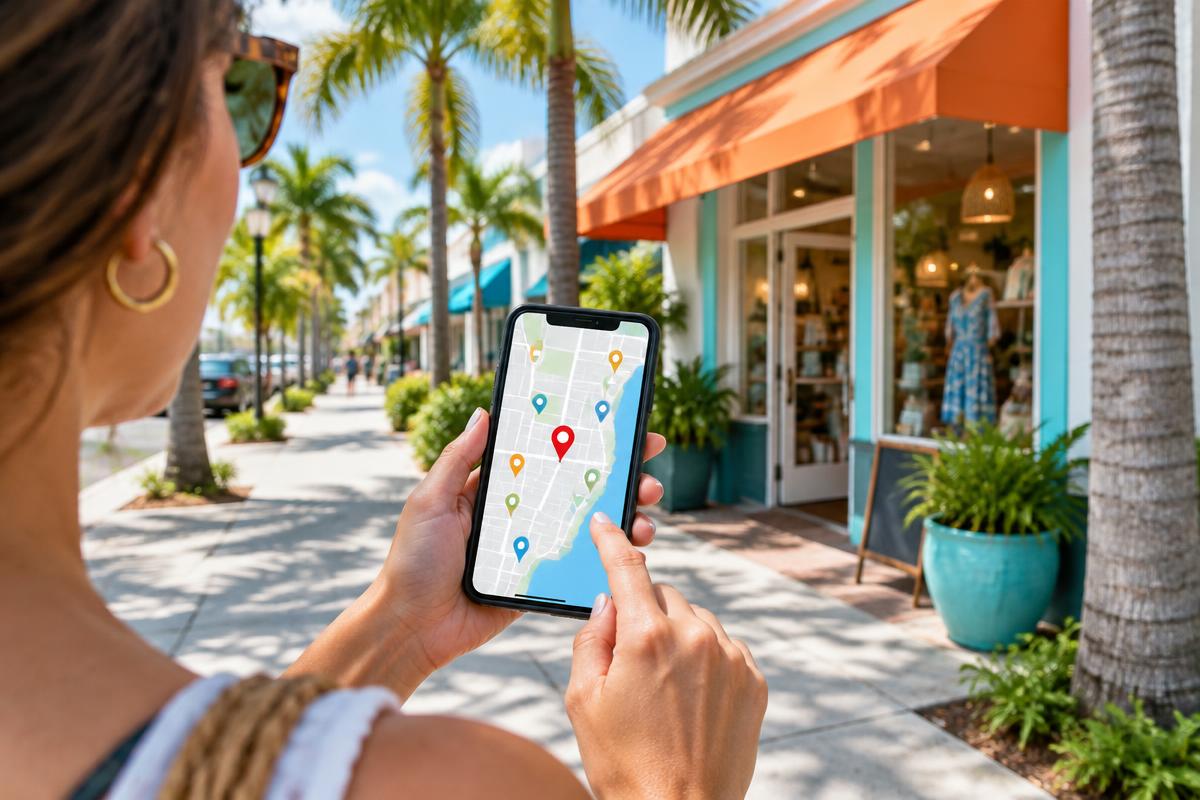 Illustrative customer using a smartphone map to find a local storefront