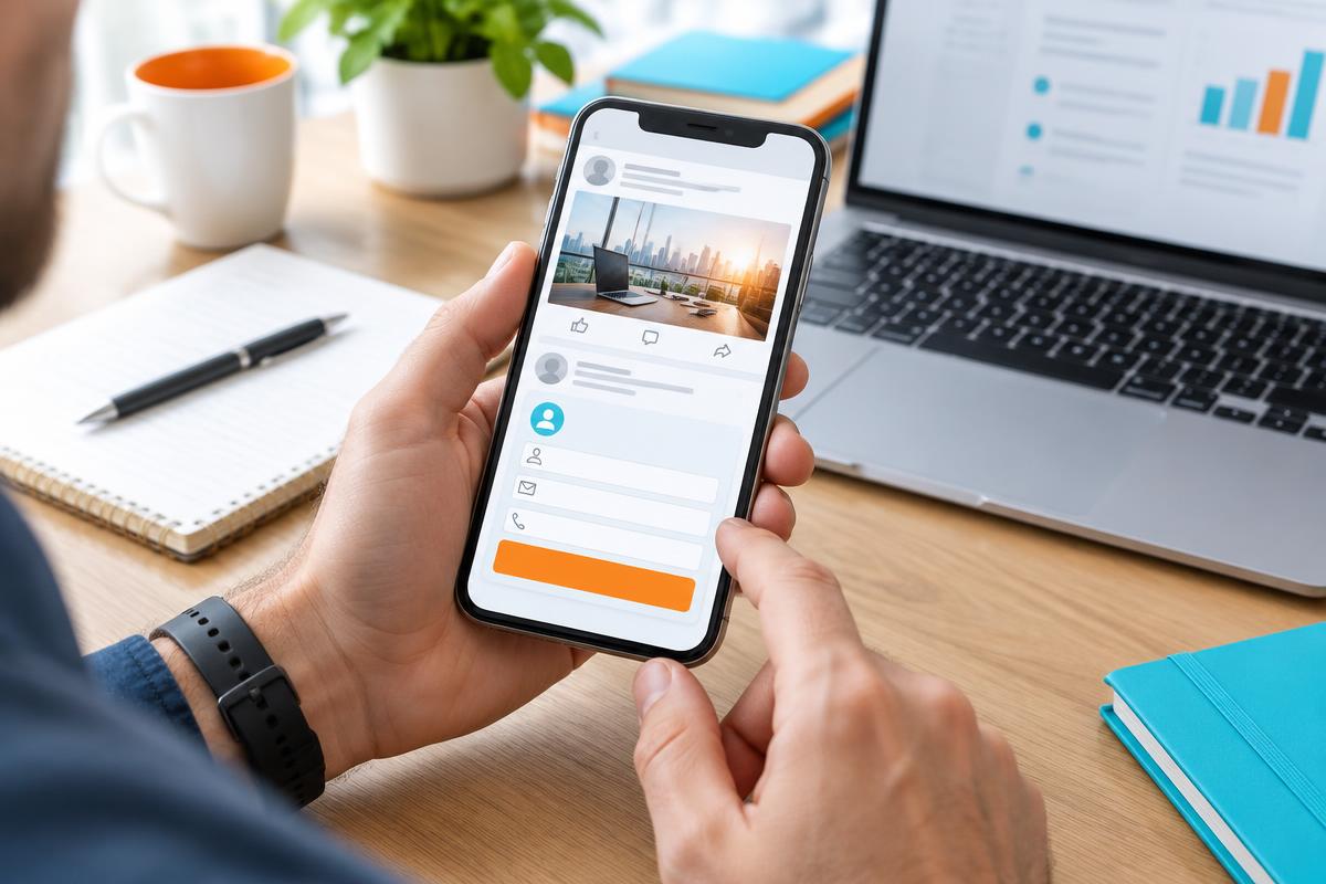 Illustrative smartphone social feed with an inquiry form in a business workspace