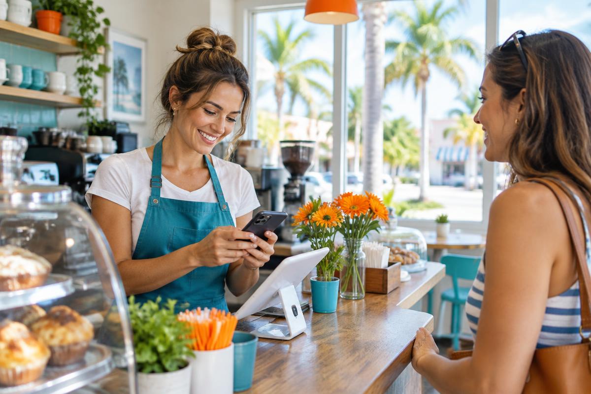 Illustrative cafe owner checking her smartphone while welcoming a customer
