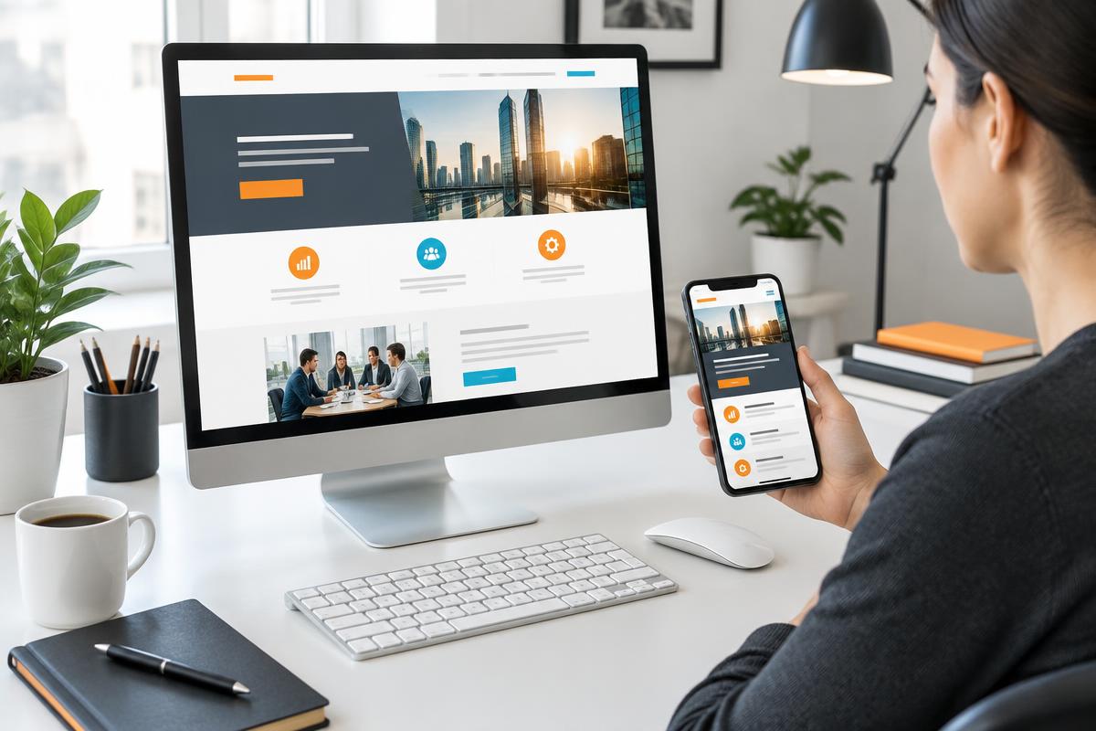 Illustrative designer comparing a business website on a desktop monitor and smartphone