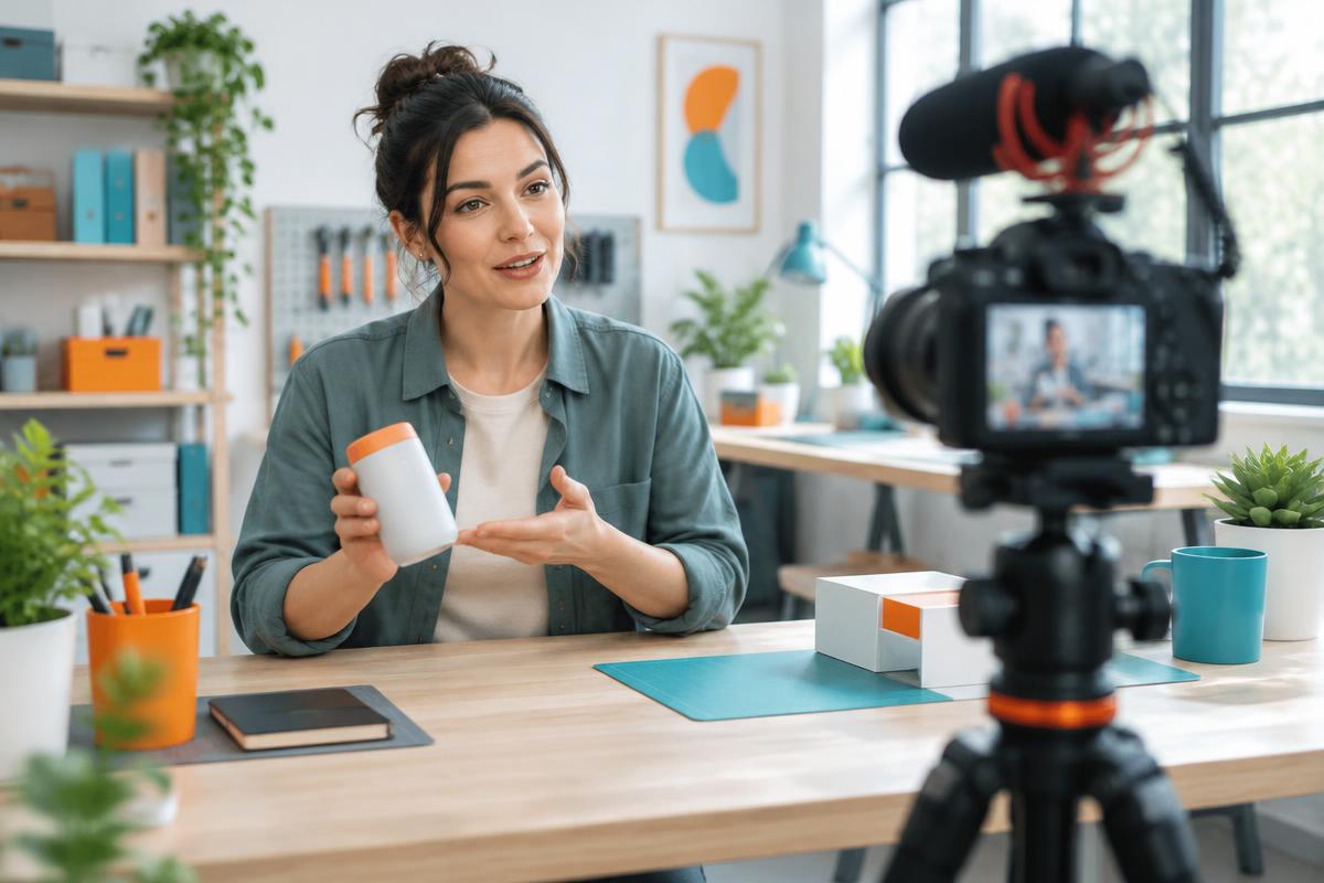 Illustrative business owner demonstrating a product in a small video filming setup