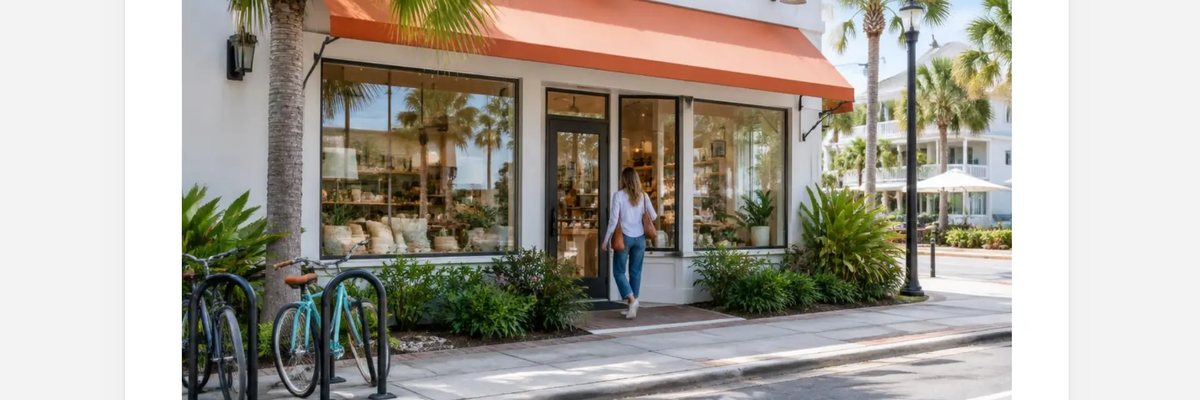 Illustrative neighborhood storefront on a palm-lined Florida street